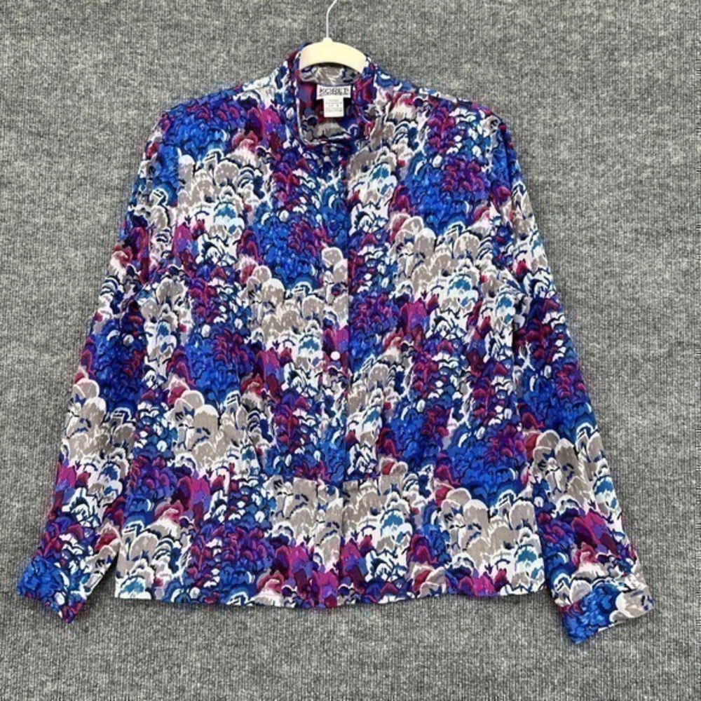 Vintage 80s Top Womens 8 Koret Career Satin Jacquard Button Up Colorful Liquid